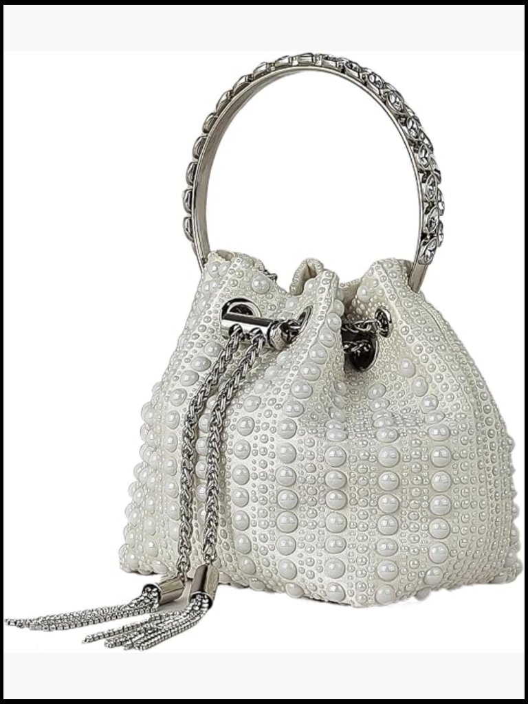 Pearl Beaded Clutch Evening Bag Rhinestone Crystal Handle Handbag White Soft